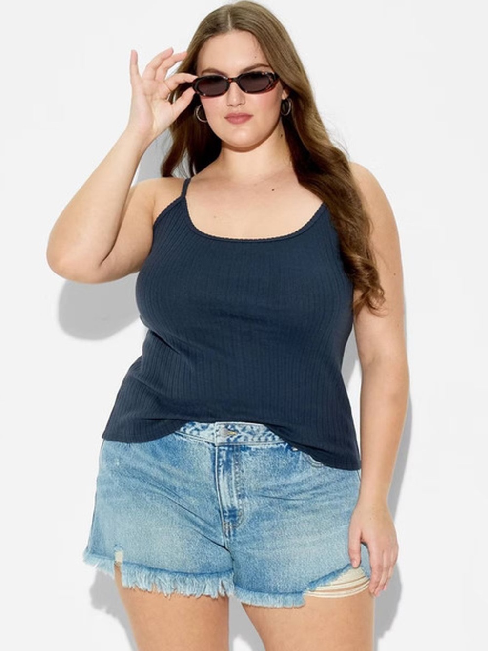Women’s Navy Ribbed Tank Top with scalloped edge